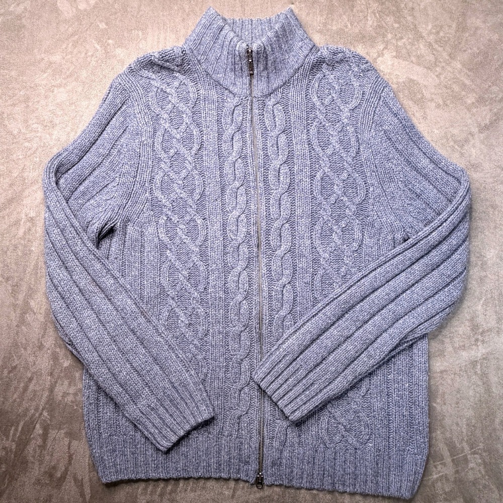 Vtg Cherokee Cardigan Sweater Womens M Blue‎ Lambswool Blend Cable Knit Full Zip